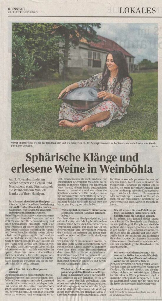 Interview Zeitungsartikel der sächsischen Zeitung November 2023 über Manuela Franke und ihrem Handpan-Salon Dresden